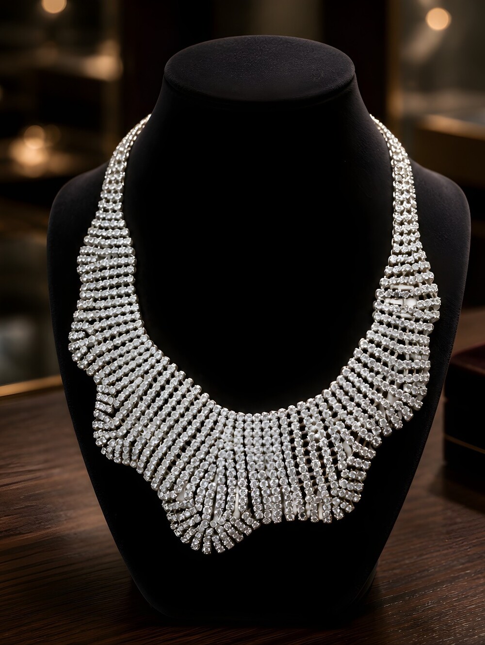 high-impact rhinestone bib necklace is a statement piece.